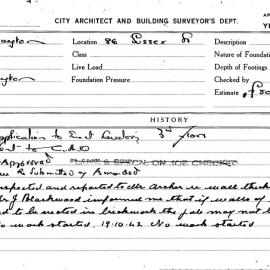 Building Inspectors Card: 86 Sussex Street. Application to erect lavatory 3rd floor. 1 card.