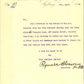 Letter: Reginald Bloxsome, Secretary, Metropolitan Board of Water Supply & Sewerage, Sydney. 