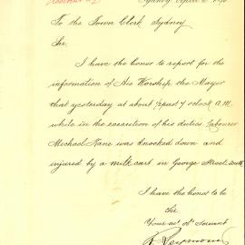 Memorandum: R. Seymour, Inspector of Nuisances, Sydney. Reports that labourer Michael Kane after having a 