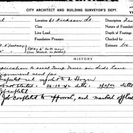Building Inspectors Card: 61 Nickson Street. Application to erect temp fence on side lane. 1 card.