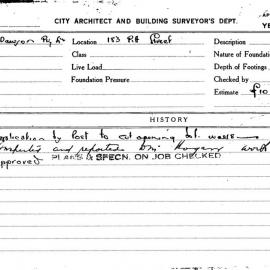 Building Inspectors Card: 183 Pitt Street. Application by post to cut opening walls. 1 card.