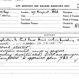 Building Inspectors Card: 107 Regent Street. Application to erect tank stand within building. W & A 