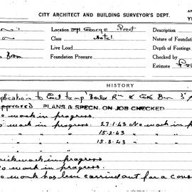 Building Inspectors Card: 291 George Street. Hotel. Application to erect temp boiler rm & coke bin 