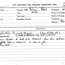 Building Inspectors Card: 48 Surrey Street. Flats. Application to make repairs. (new lintals etc) 1 