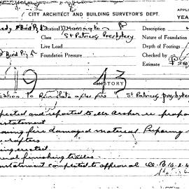 Building Inspectors Card: 137 Harrington St. St Patricks Presbytery. Application to reinstate after 