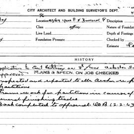 Building Inspectors Card: 65/69 York St & Barrack St. Offices. Application to erect partitions on 