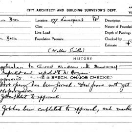 Building Inspectors Card: 177 Liverpool St. Application to convert window into doorway. 1 card.