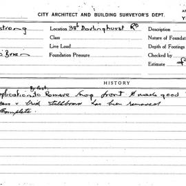 Building Inspectors Card: 38b Darlinghurst Road. Application by post to Remove Shop Front & make 