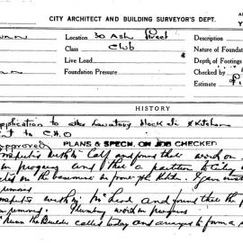 Building Inspectors Card: 30 Ash Street. Club. Application to alter Lavatory Block etc & Kitchen 