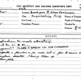 Building Inspectors Card: S E c/o Burrahphore St & Cross Lane. Engineering Shop. Application to 