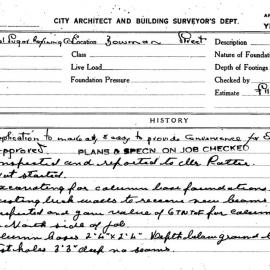 Building Inspectors Card: Bowman Street. Application to make alts & adds to provide Convenience for 