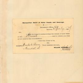 Letter: William Holmes, Metropolitan Board of Water Supply & Sewerage, Sydney. Acknowledges receipt 