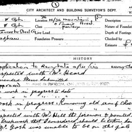 Building Inspectors Card - Application to reinstate after fire - 16-36 Mountain and Small Street, 1943-1944