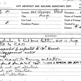 Building Inspectors Card: 865 George St. Shop. Application to erect brick partition wall in shop. 1 