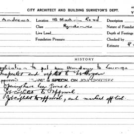 Building Inspectors Card: 18 Martin Road. Residence. Application to put new Windows to Lounge Room. 