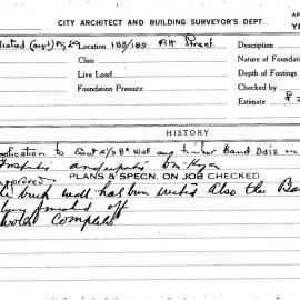 Building Inspectors Card: 183/189 Pitt Street. Application to erect 4 1/2 back wall and timber band 