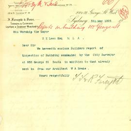 Letter: J. J. & R. Forsyth, 29 & 31 George Street West, enclosing report of John Jago, Builder, of 