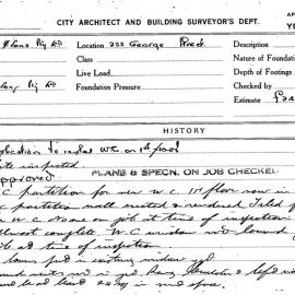 Building Inspectors Card: 255 George Street. Application to instal WC on 1st floor. 1 card.