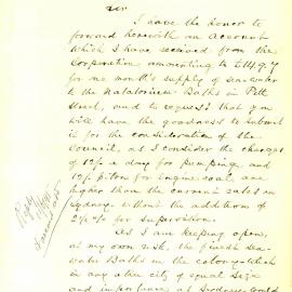 Letter - Request for reduction in charges for salt water, Natatorium, Pitt Street Haymarket, 1895