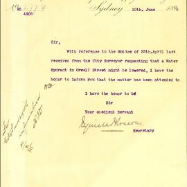 Letter: Reginald Bloxsome, Metropolitan Board of Water Supply & Sewerage, reporting that the water 