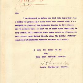 Letter: Deputy Postmaster General, GPO, Sydney, requests that the granolithic slabs removed from 