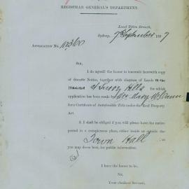 Letter: Registrar General's Dept, Land Titles Branch, Sydney, advise that Mary McCann has applied 