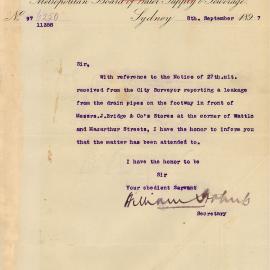 Letter: Water Board, Sydney, report that the leak in front of J. Bridge & Co's stores, Wattle & 