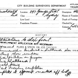 Building Inspectors Card: 397 George Street, Sydney. Application to do alterations to shop front. 1 