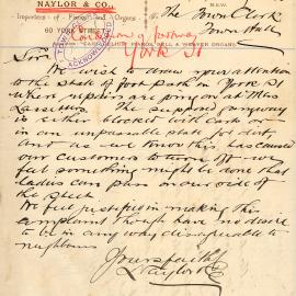 Letter: Naylor & Co. complaining of the condition of the footpath in York Street during repairs 