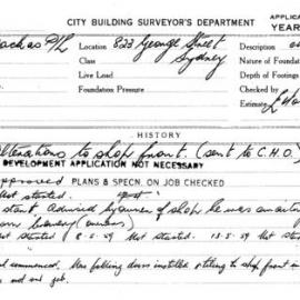 Building Inspectors Card: 823 George Street, Sydney. Alterations to shop front, development 