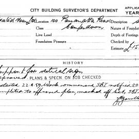Building Inspectors Card: 100 Parramatta Road, Camperdown. Support for vertical sign, approved 