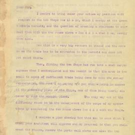 Letter -  Quong Tart proposal for alterations to shops 15 and 16, Queen Victoria Markets, 1898