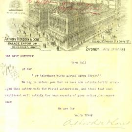 Letter -  Statement from Anthony Hordern & Sons about telephone wire removal, 1895
