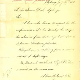 Memorandum - Inspector of Nuisances R Seymour advising of Andrew Johnston’s severe influenza, 1895