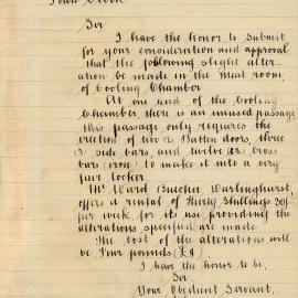 Letter - Request to alter cooling chamber in Meat Room, Eastern Market Woolloomooloo, 1897