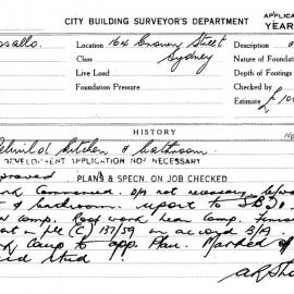 Building Inspectors Card: 164 Crown Street, Sydney. Rebuild kitchen and bathroom. 1 Card. 