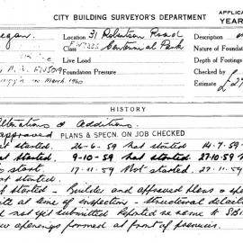 Building Inspectors Card: 31 Robertson Road, Centennial Park. Alterations and additions. 2 cards. 