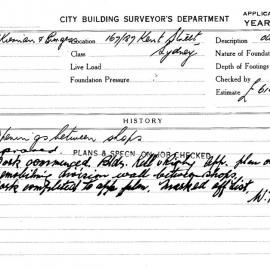 Building Inspectors Card: 167/187 Kent Street, Sydney. Openings between shops. 1 Card. 