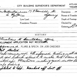Building Inspectors Card: 17 O'Connell St, Sydney. Alterations to caretakers office. 1 Card. 