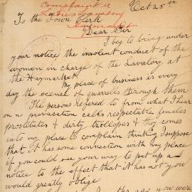 Letter - Complaint about insolent conduct of man in charge of lavatory, Haymarket, 1897