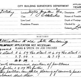 Building Inspectors Card: 52/112 Joynton Ave, Waterloo. Alterations to old Tote Building. 1 Card. 
