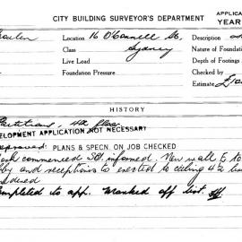 Building Inspectors Card: 16 O'Connell St, Sydney. Partitions, 4th floor. 1 Card. 