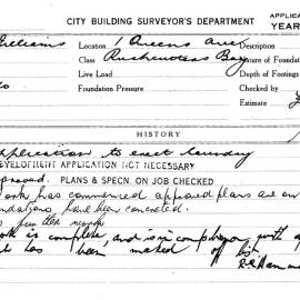 Building Inspectors Card: 1 Queens Ave, Rushcutters Bay. Application to erect laundry. 1 Card. 