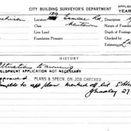 Building Inspectors Card: 189 Enmore Rd, Newtown. Alterations to awning. 1 Card. 