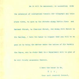 Letter - The General Post Office asks for permission to open up the streets along Martin Place, 1895