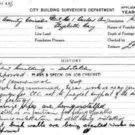 Building Inspectors Card: 1 Onslow Ave, Elizabeth Bay. New building - substation. 1 Card. 