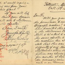 Letter - request to run biograph machine, 1898
