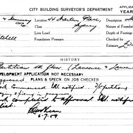 Building Inspectors Card: 44 Martin Place Sydney. Laurence & Laurence. Partitions 4th floor. 1 Card.
