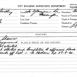 Building Inspectors Card: 26 Glenmore Road, Paddington. Shower. 1 Card. 