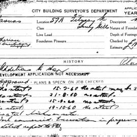 Building Inspectors Card: 57A Fitzroy Street, Surry Hills. Additions to shop. 1 Card. 